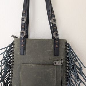 New Forest Green Leather Tote with Fringe And Silver Details.